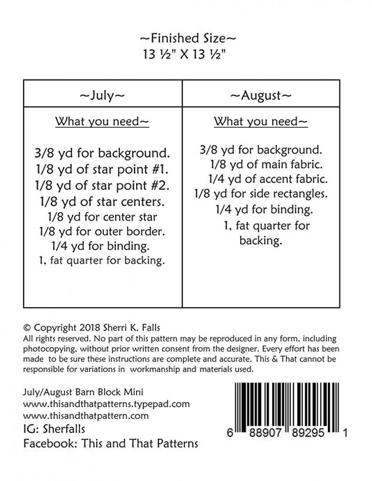 PATTERN BARN BLOCKS July and August Mini Quilt Blocks