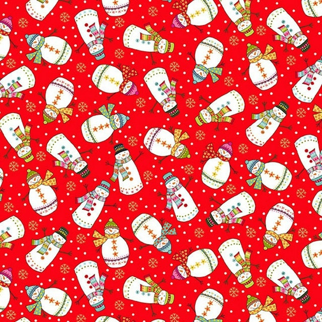 FABRIC Santa Express Line Snowmen on Red by Makower UK   We combine shipping
