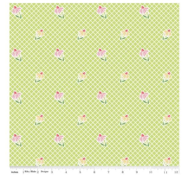 FABRIC SUMMER SKIES Cone Flowers on Lattice Lime Riley Blake