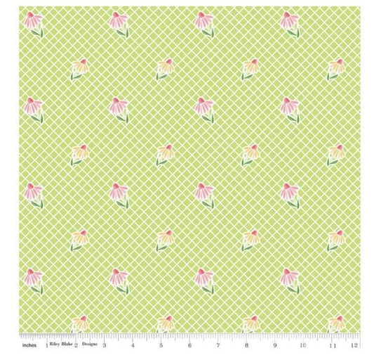 FABRIC SUMMER SKIES Cone Flowers on Lattice Lime Riley Blake