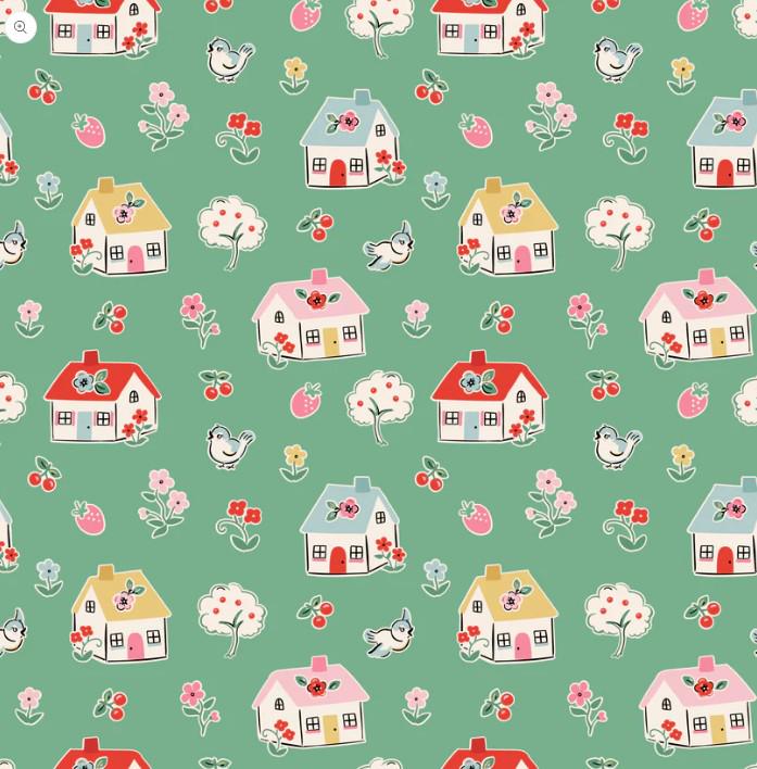 FABRIC Vintage Style Home Sweet Home Happy Home in Green from Poppie Cotton