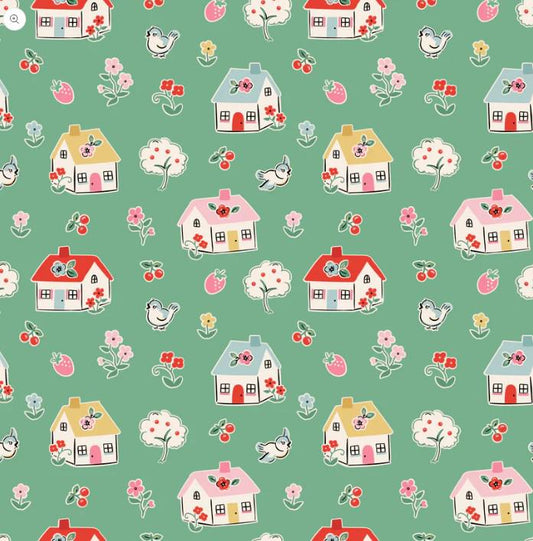 FABRIC Vintage Style Home Sweet Home Happy Home in Green from Poppie Cotton