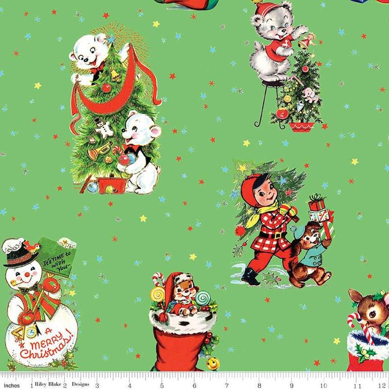 FABRIC Vintage Style JINGLE BELLS on Green by Riley Blake