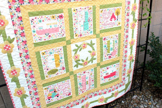 FABRIC Joy in the Journey PANEL Cheater quilt panel Glamping and Camping Retro Travel Trailer yardage in olive  We combine shipping.