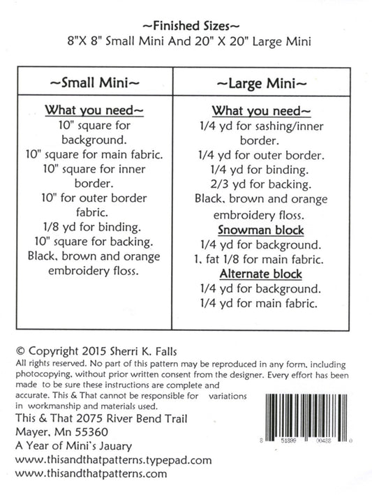 PATTERN JANUARY Winter SNOWMAN and Snowflake Mini Quilt Pattern 2 sizes in pattern
