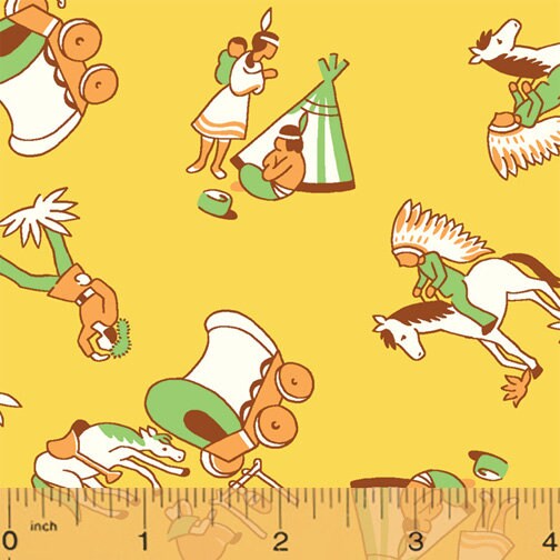 FABRIC Storybook RANCH Kids Way out WEST Cowboys Indians and Pioneers on yellow  1 Yard