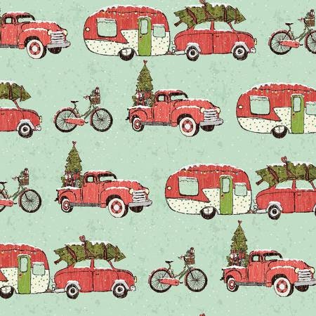 FABRIC Retro HOLLY Jolly CHRISTMAS Travel Trailers Campers Cars Stripe on Aqua 1 Yard   We combine shipping