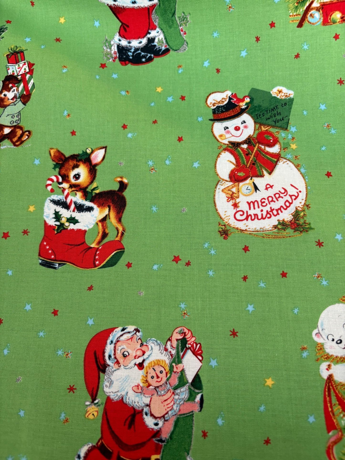 FABRIC Vintage Style JINGLE BELLS on Green by Riley Blake