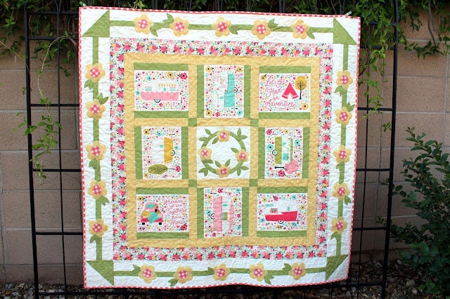 FABRIC Joy in the Journey PANEL Cheater quilt panel Glamping and Camping Retro Travel Trailer yardage in olive  We combine shipping.