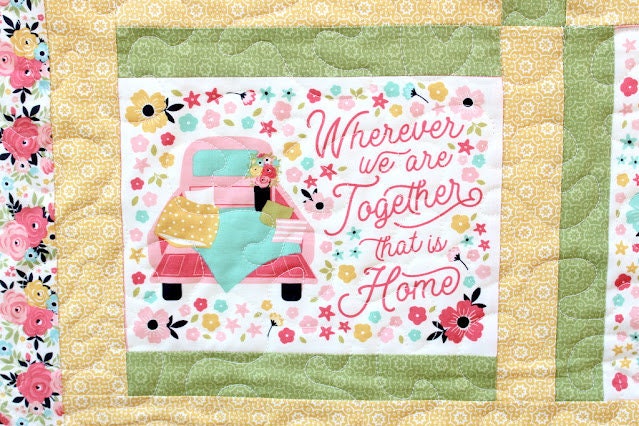 FABRIC Joy in the Journey PANEL Cheater quilt panel Glamping and Camping Retro Travel Trailer yardage in olive  We combine shipping.