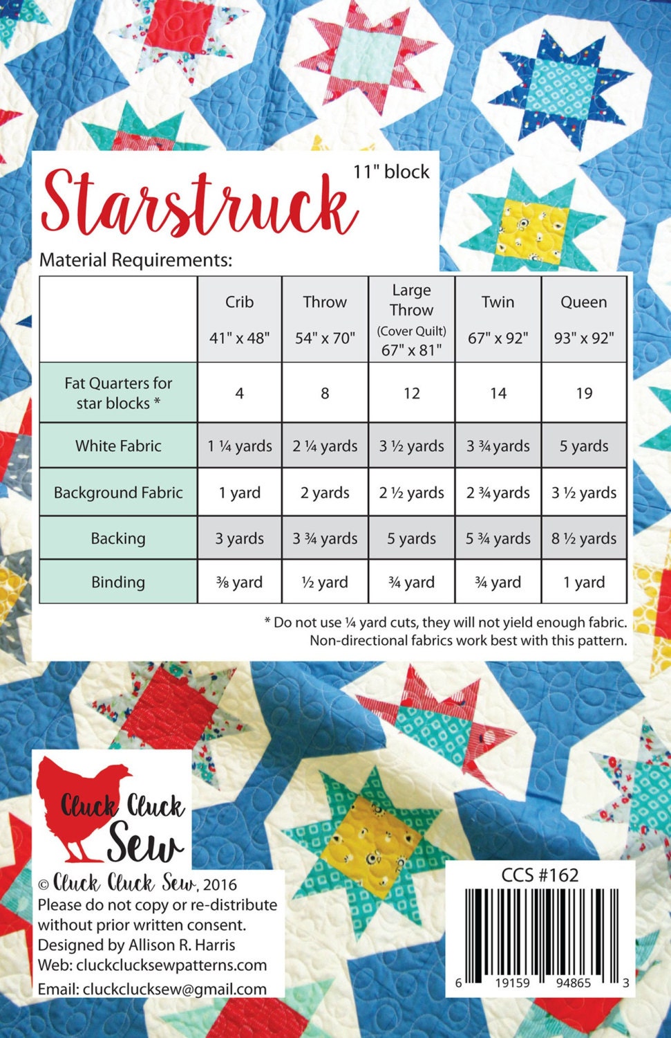PATTERN STARSTRUCK by Cluck Cluck Sew a Fat Quarter Quilt in 5 sizes