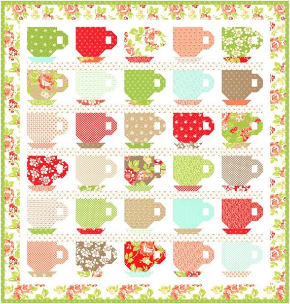 PATTERN TEA for Two TEACUPS Quilt Charm Pack, Fat Eighthy or Scrap Friendly