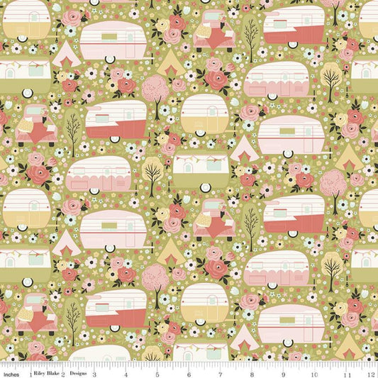 FABRIC Joy in the Journey PANEL Cheater quilt panel Glamping and Camping Retro Travel Trailer yardage in olive  We combine shipping.
