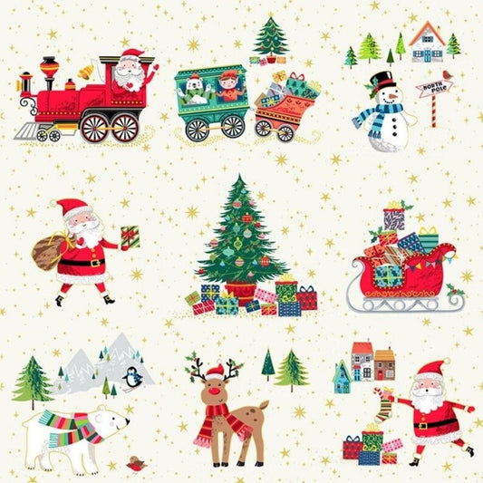 FABRIC Santa Express Line Santa's Train and Sleigh Main Print by Makower UK   We combine shipping