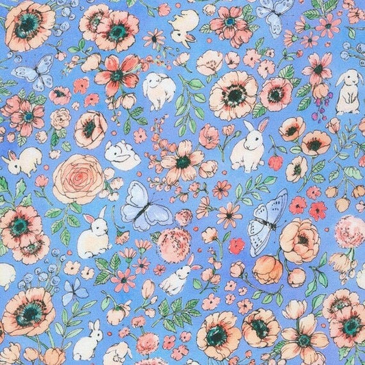 Sale FABRIC BUNNY Lane EASTER Bunnies on Periwinkle Blue     by Robert Kaufman  1 Yard