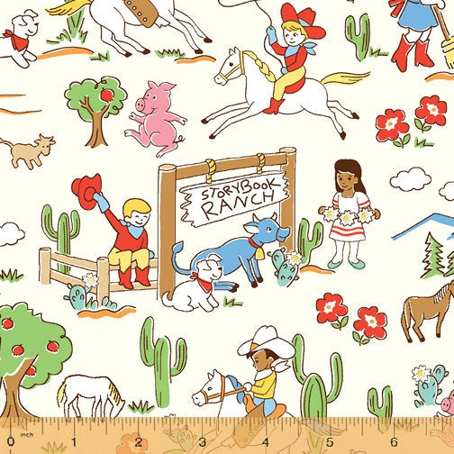 FABRIC Storybook RANCH Kids Way out WEST Cowboys and Indians main print   We combine shipping
