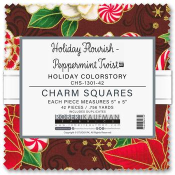 FABRIC Holiday Flourish Peppermint Twist CHRISTMAS  5" CHARM Pack 42 pieces with Metallic Gold
