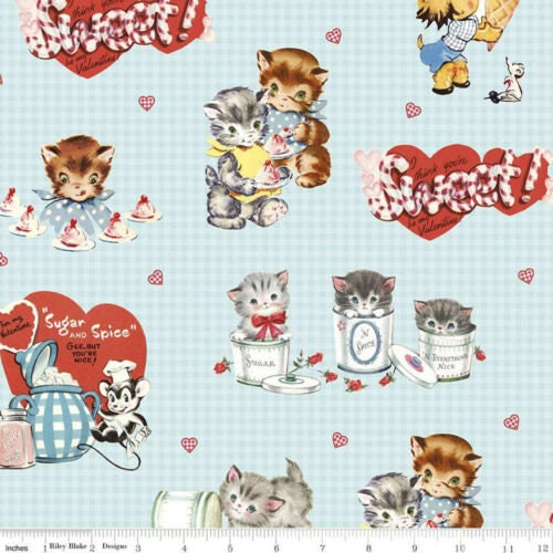 SaLE FABRIC VINTAGE style VALENTINES Three Kittens Sugar and Spice on Aqua   We combine shipping