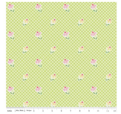 FABRIC SUMMER SKIES Cone Flowers on Lattice Lime Riley Blake