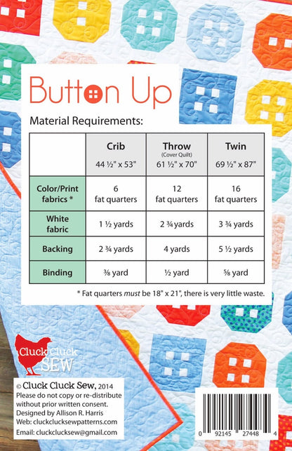 PATTERN BUTTON UP by Cluck Cluck Sew Fat Quarter Quilt