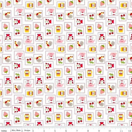 Clearance FABRIC COOK BOOK Tea Kettles, Roosters, Cherries Retro Kitchen Print in Red Last Piece 49"