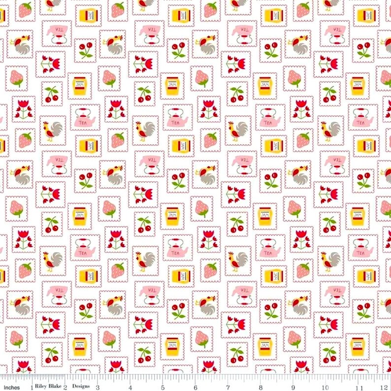 Clearance FABRIC COOK BOOK Tea Kettles, Roosters, Cherries Retro Kitchen Print in Red Last Piece 49"