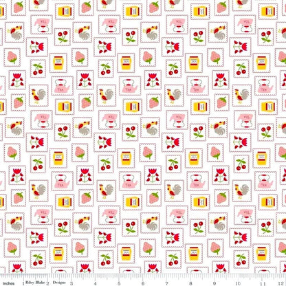 Clearance FABRIC COOK BOOK Tea Kettles, Roosters, Cherries Retro Kitchen Print in Red Last Piece 49"