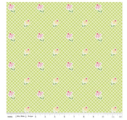 FABRIC SUMMER SKIES Cone Flowers on Lattice Lime Riley Blake