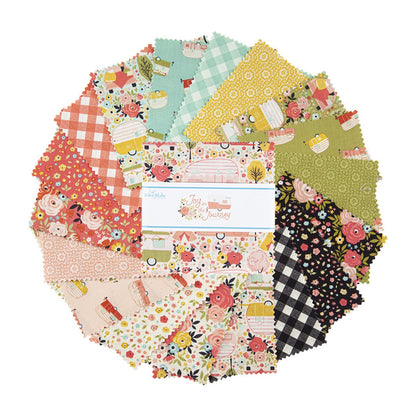 FABRIC Joy in the Journey PANEL Cheater quilt panel Glamping and Camping Retro Travel Trailer yardage in olive  We combine shipping.