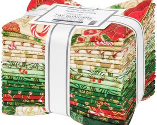 Fabric Holiday Flourish Peppermint Twist Christmas FAT QUARTER bundle AND Panel with Metallic Gold